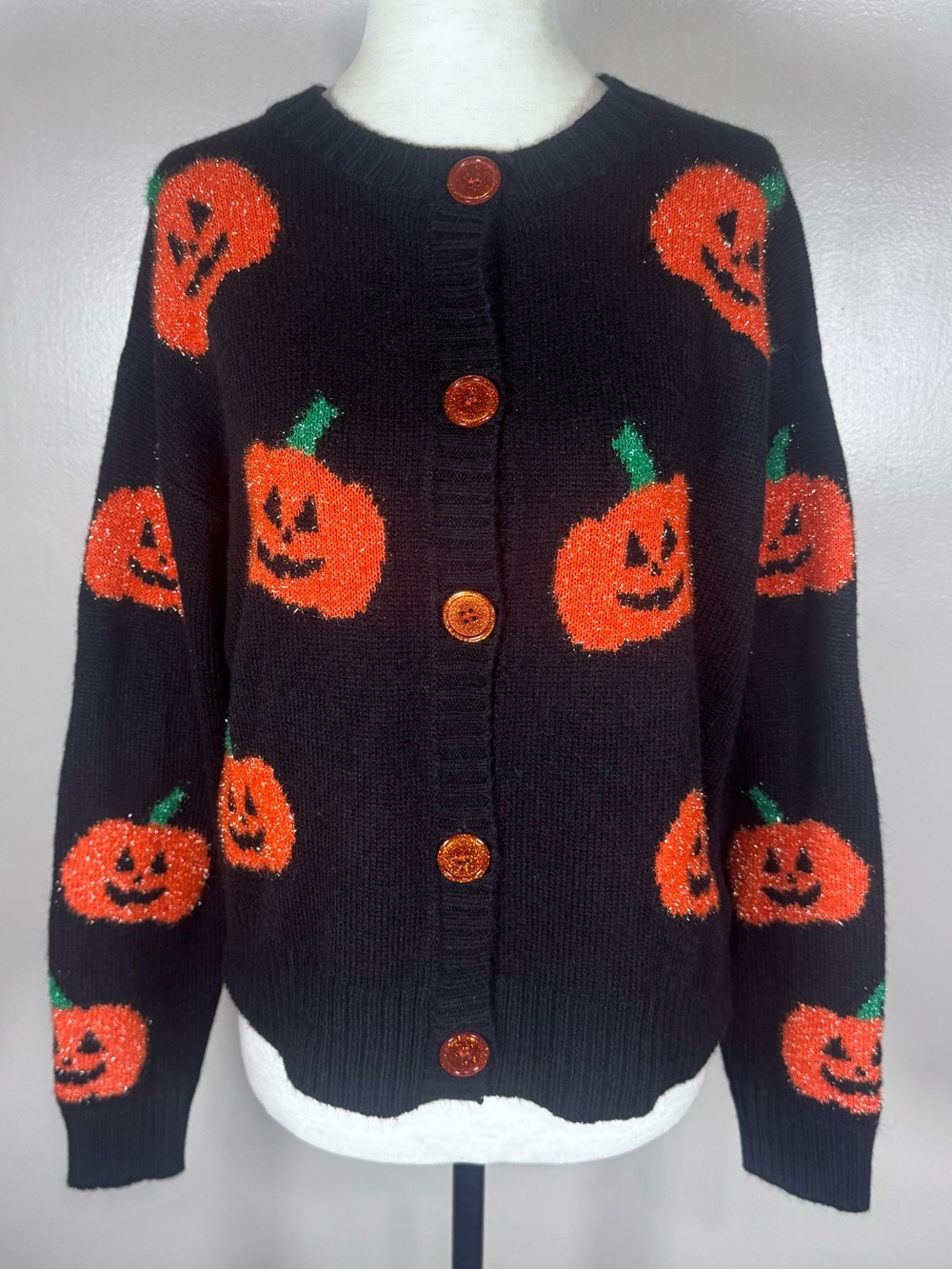 33 Degrees Sz M Glittery Pumpkin Halloween Black Orange Fall Cardigan Sweater